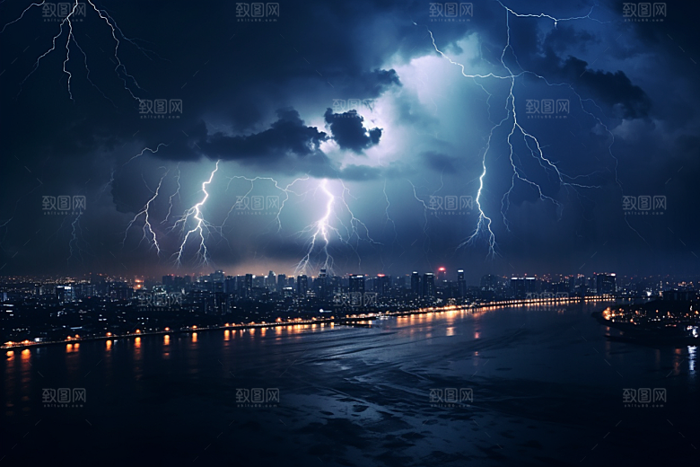 暴雨闪电自然灾害极端天气摄影图