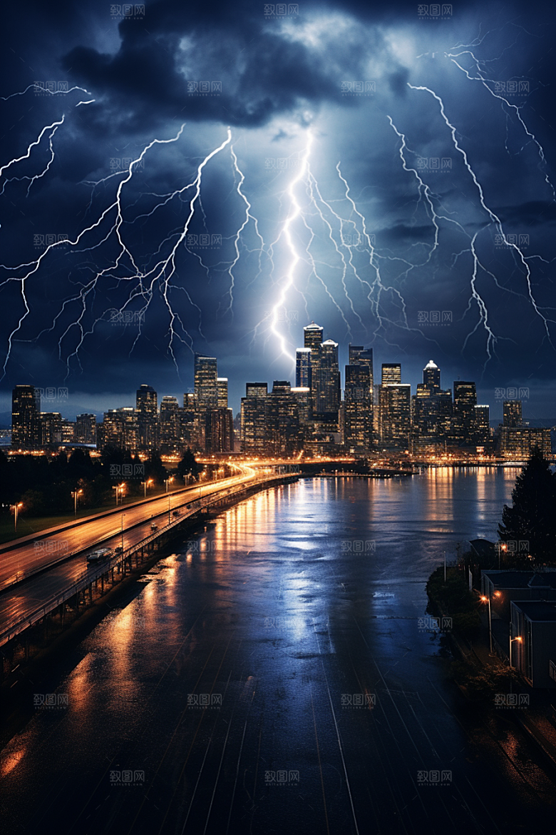 暴雨闪电城市恶劣天气摄影图