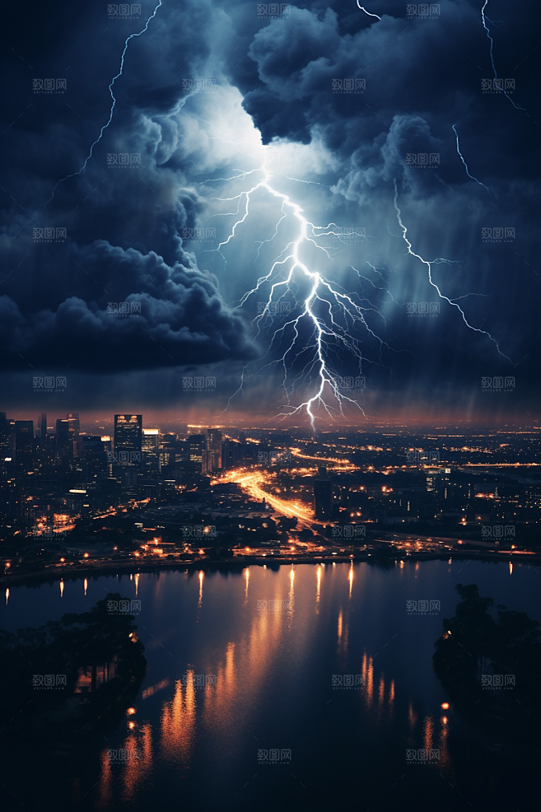 暴雨闪电城市自然灾害摄影图