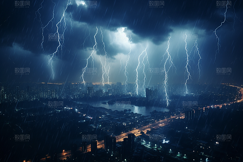 暴雨闪电城市气象摄影图