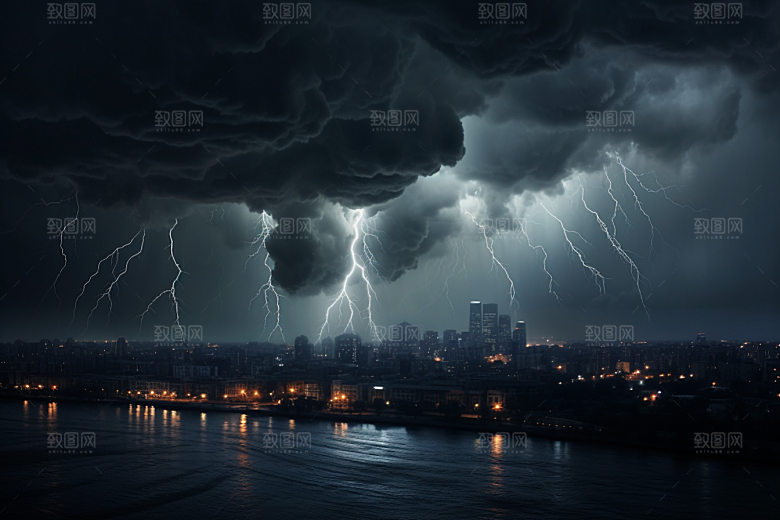 暴雨闪电城市极端天气摄影图