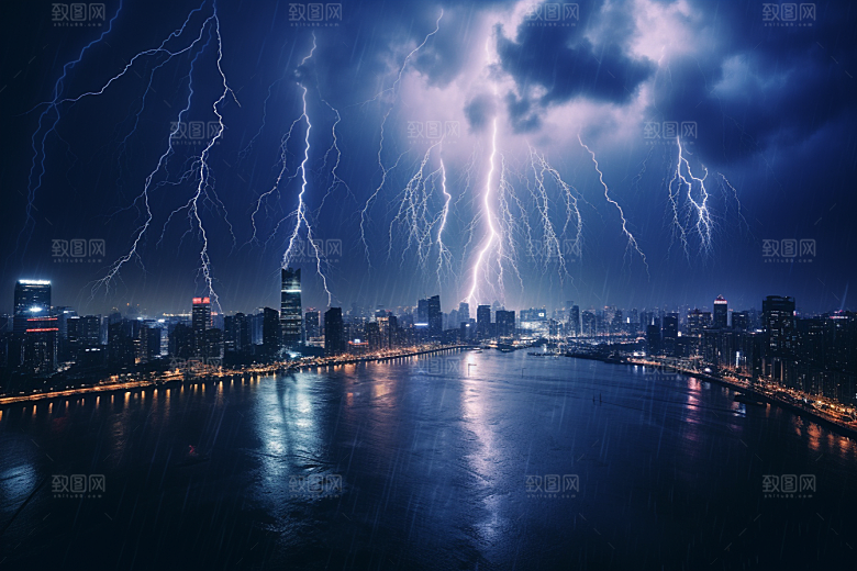 暴雨闪电恶劣天气城市摄影图