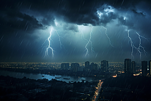 暴雨闪电雷暴城市摄影图