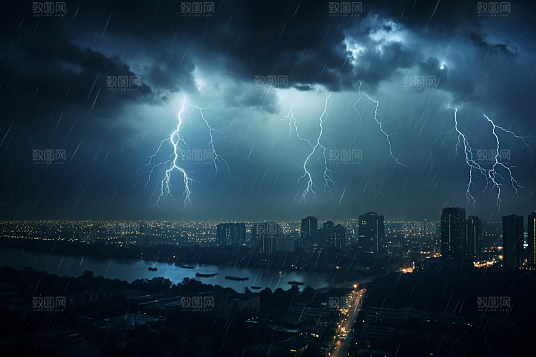 暴雨闪电雷暴城市摄影图