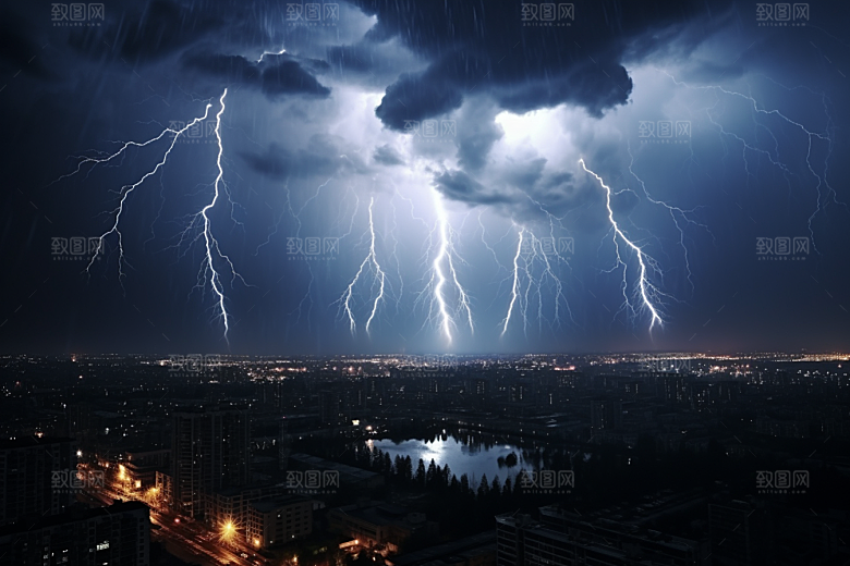 暴雨闪电电闪雷鸣极端天气摄影图