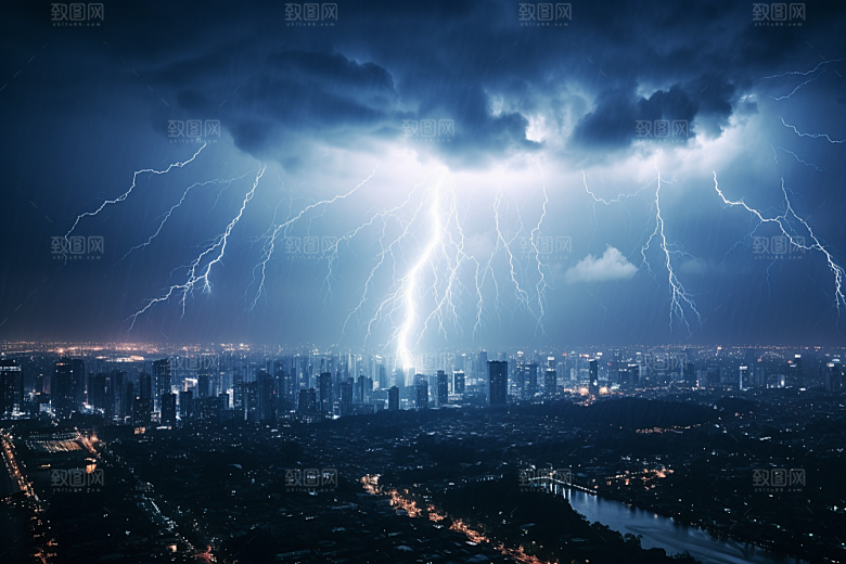 暴雨闪电城市自然灾害摄影图
