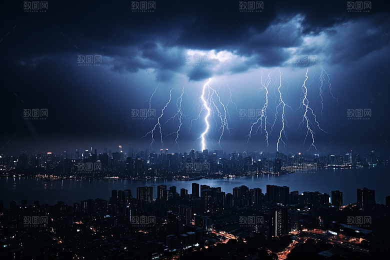 暴雨闪电城市雷暴摄影图