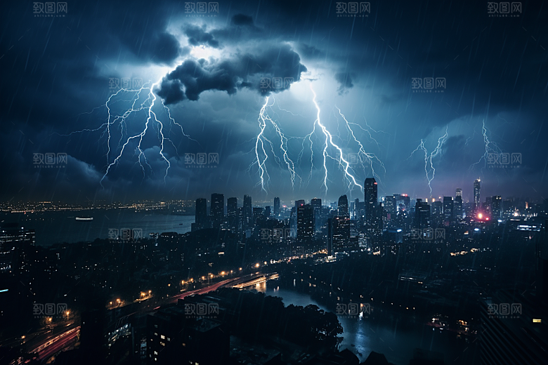 暴雨闪电恶劣天气城市摄影图