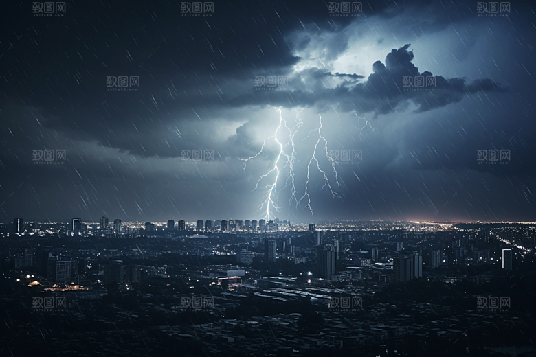 暴雨闪电城市气象摄影图