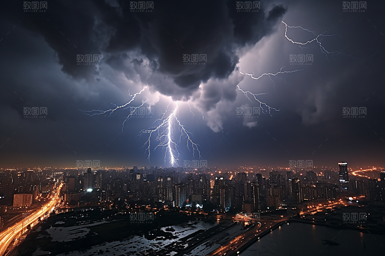 暴雨闪电恶劣天气城市摄影图