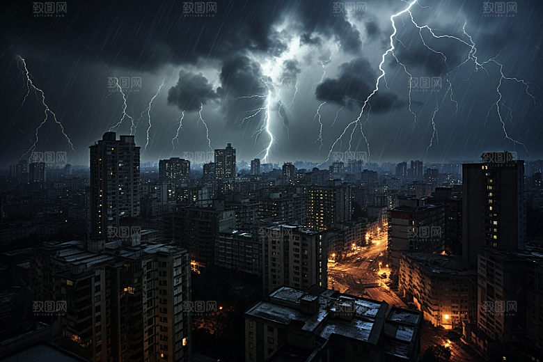 暴雨闪电自然灾害城市摄影图