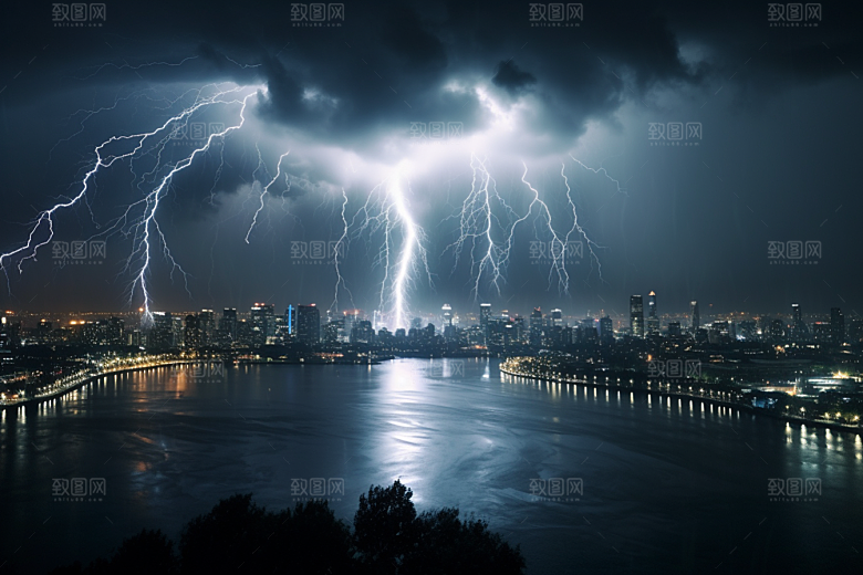 暴雨闪电城市极端天气摄影图