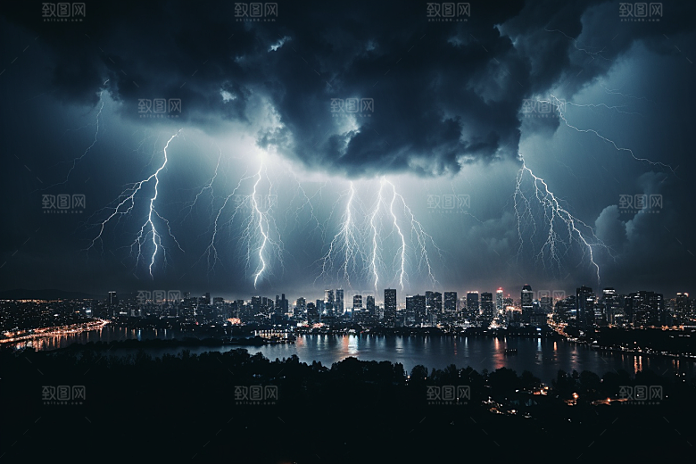 暴雨闪电电闪雷鸣自然现象摄影图