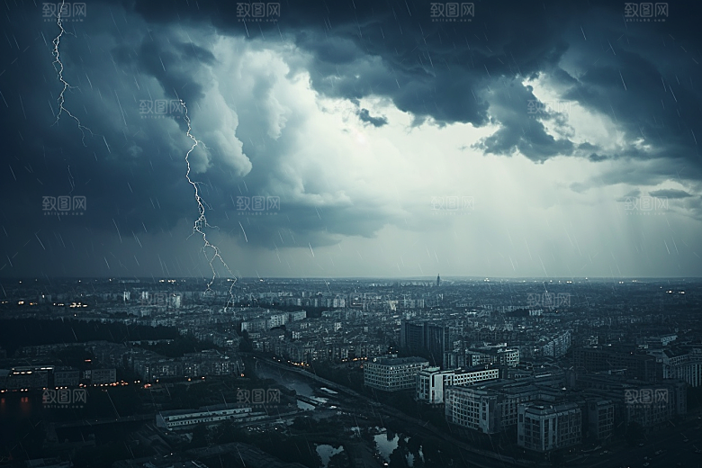 暴雨闪电城市自然现象摄影图