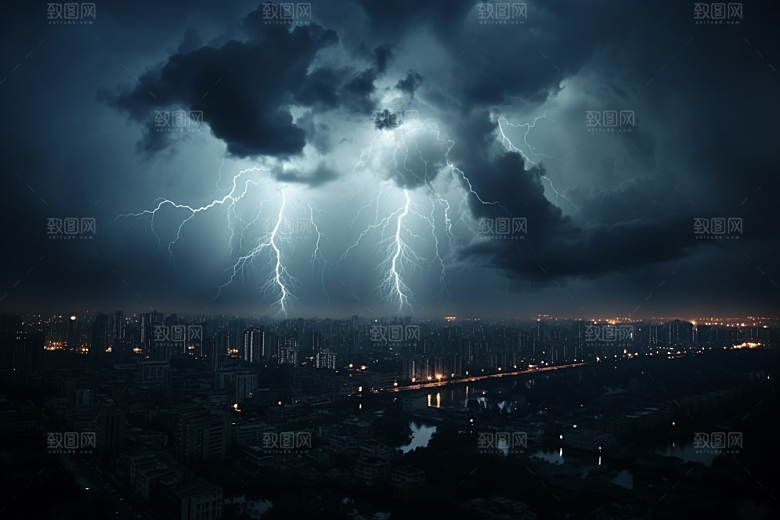 暴雨闪电极端天气城市摄影图