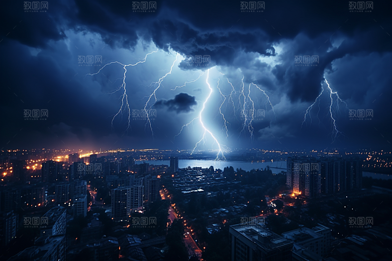 暴雨闪电城市恶劣天气摄影图