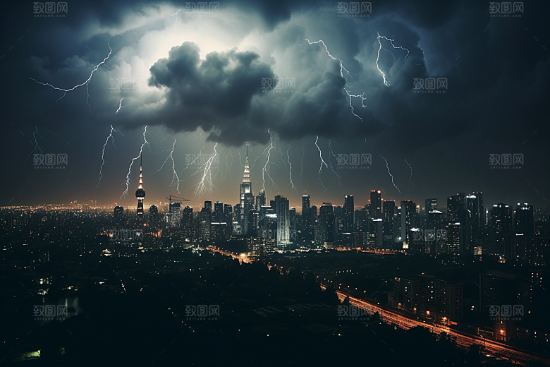 暴雨闪电雷雨极端天气摄影图