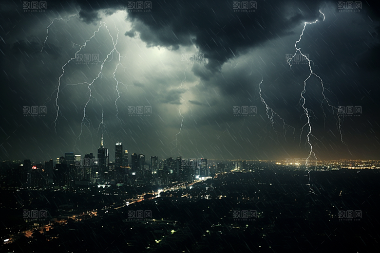 暴雨闪电自然现象城市摄影图