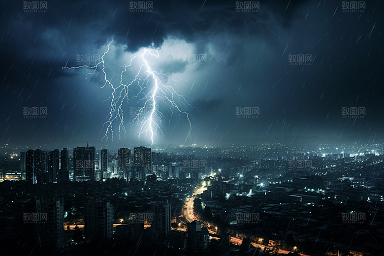 暴雨闪电城市雷雨摄影图
