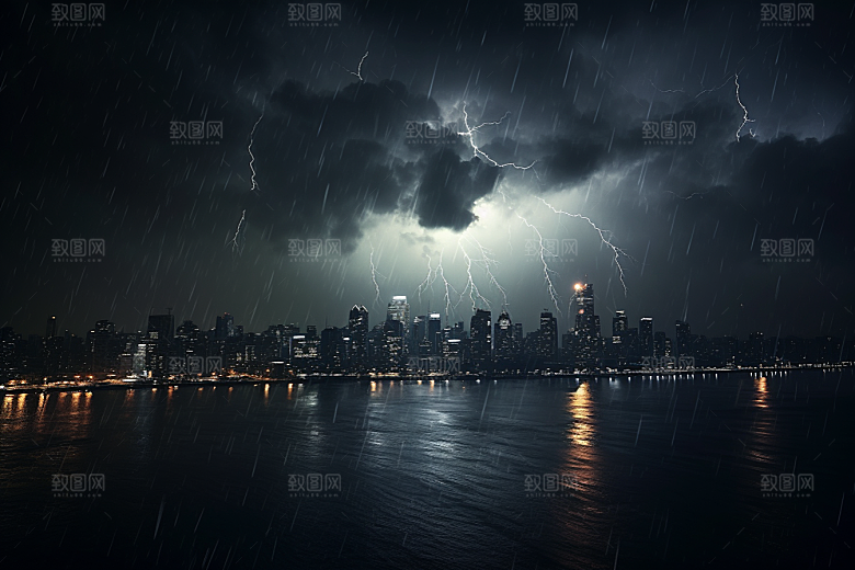 暴雨闪电自然现象极端天气摄影图