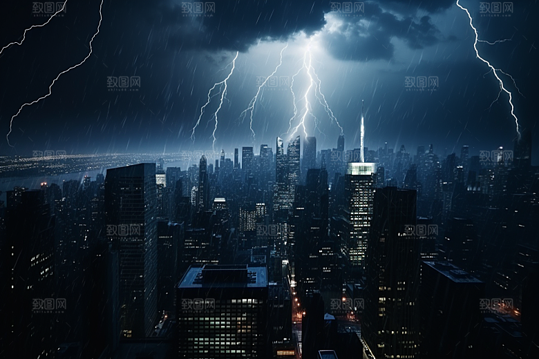 暴雨闪电电闪雷鸣城市摄影图