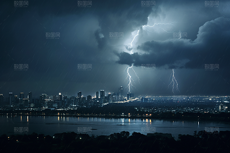 暴雨闪电自然灾害极端天气摄影图
