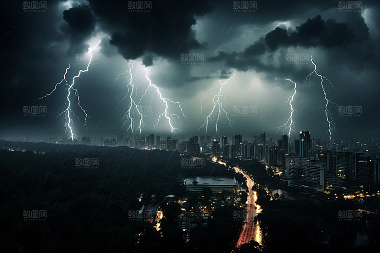 暴雨闪电极端天气电闪雷鸣摄影图