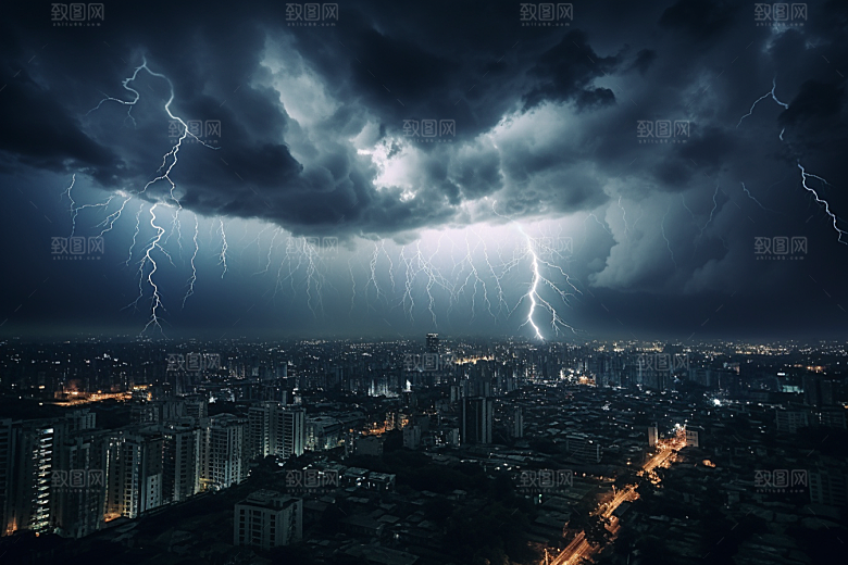 暴雨闪电自然现象城市摄影图