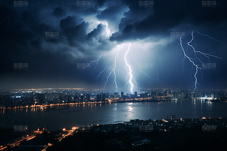 暴雨闪电气象城市摄影图