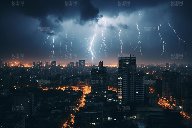 暴雨闪电雷暴城市摄影图