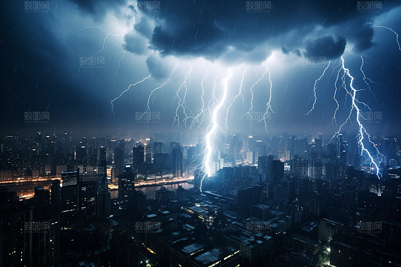 暴雨闪电雷暴城市摄影图