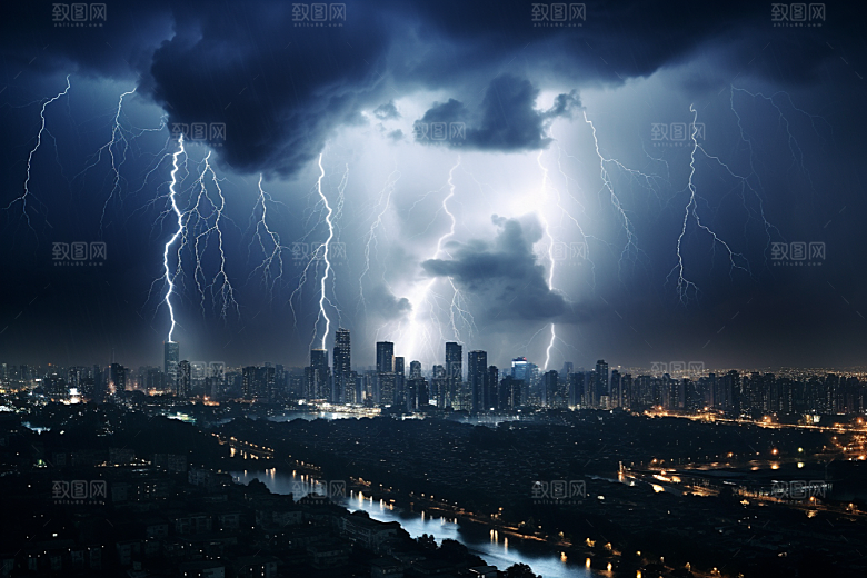 暴雨闪电电闪雷鸣自然灾害摄影图