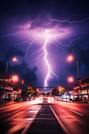 暴雨闪电自然现象城市摄影图