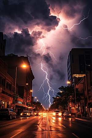 暴雨闪电城市雷暴摄影图