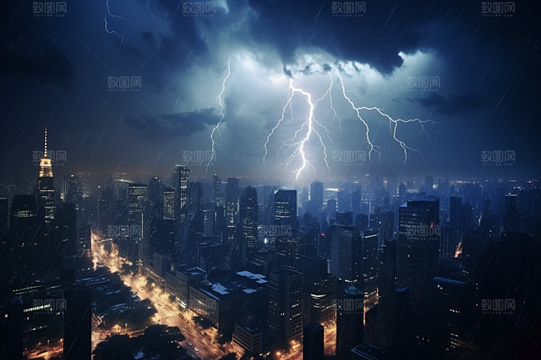 暴雨闪电雷雨城市摄影图