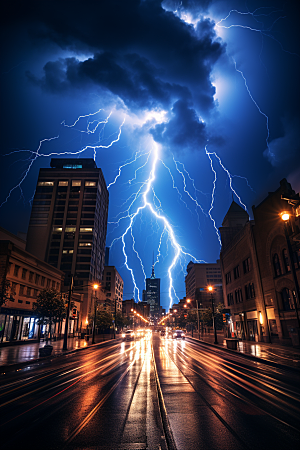 暴雨闪电极端天气城市摄影图