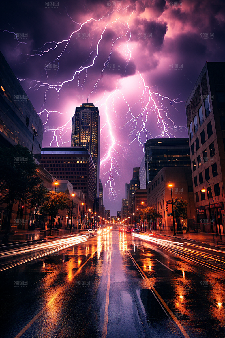 暴雨闪电恶劣天气城市摄影图