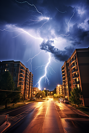 暴雨闪电城市自然灾害摄影图