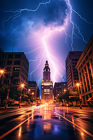 暴雨闪电城市自然灾害摄影图