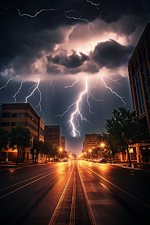 暴雨闪电城市极端天气摄影图