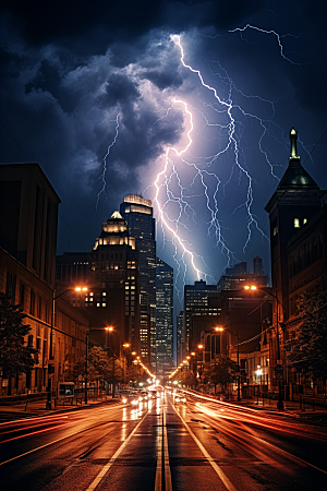 暴雨闪电城市雷暴摄影图