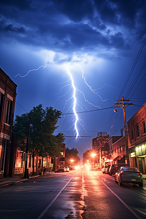 暴雨闪电城市气象摄影图