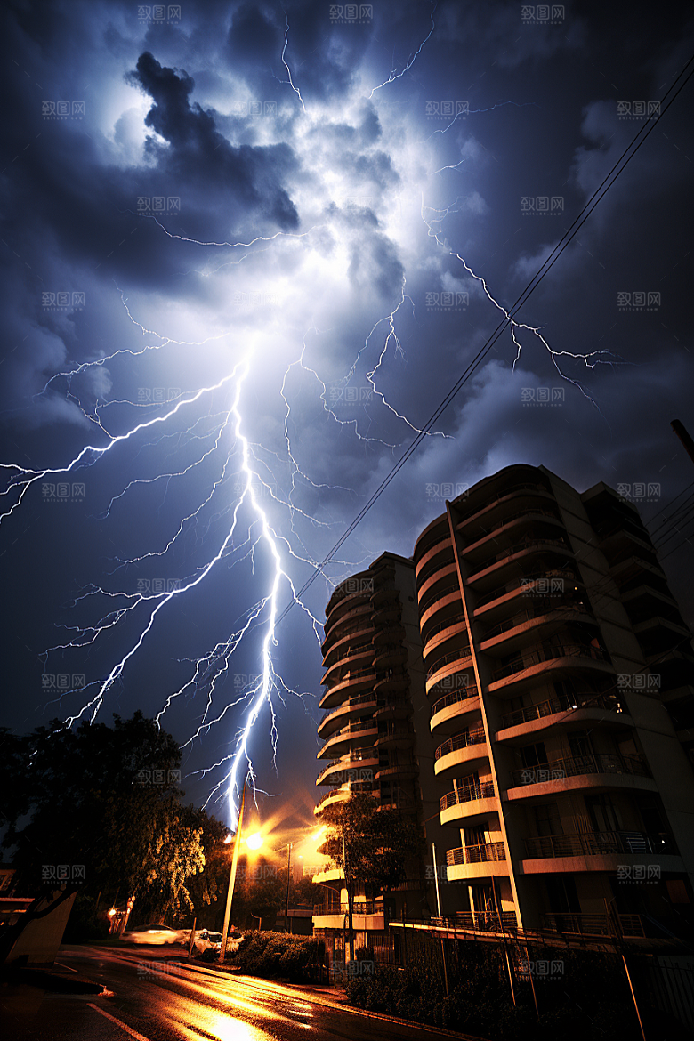 暴雨闪电城市雷雨摄影图