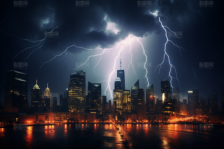 暴雨闪电城市自然现象摄影图