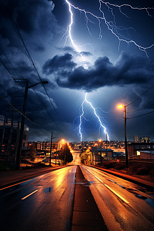 暴雨闪电电闪雷鸣城市摄影图