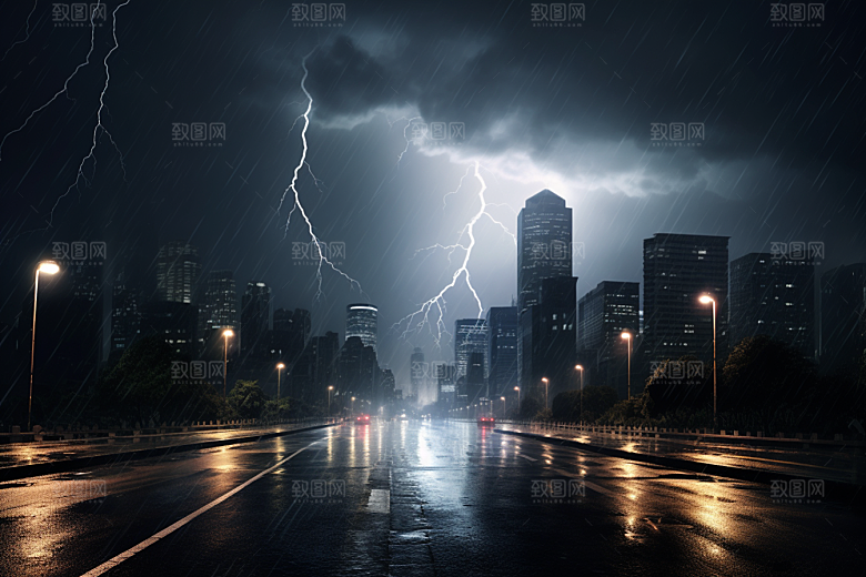 暴雨闪电城市自然灾害摄影图