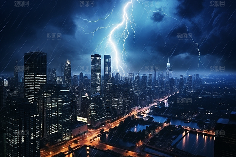 暴雨闪电自然现象城市摄影图