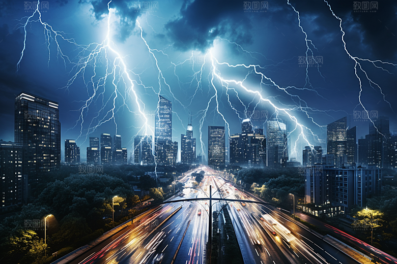暴雨闪电极端天气自然灾害摄影图