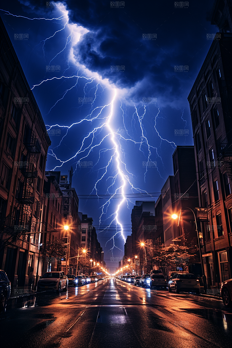 暴雨闪电自然现象城市摄影图