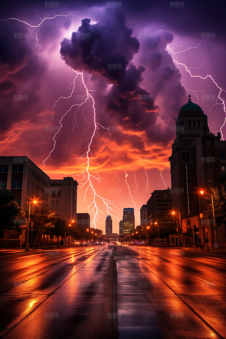 暴雨闪电城市自然灾害摄影图